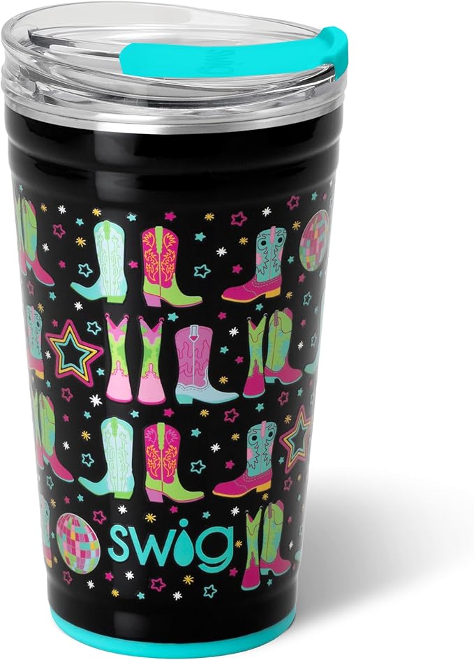 Swig Life 24oz Party Cup, Stackable Insulated Travel Coffee Tumbler with EZ Slider Lid, Cup Holder Friendly, Stainless Steel 24 oz Tumbler, Reusable Coffee Mug (Disco Cowgirl)