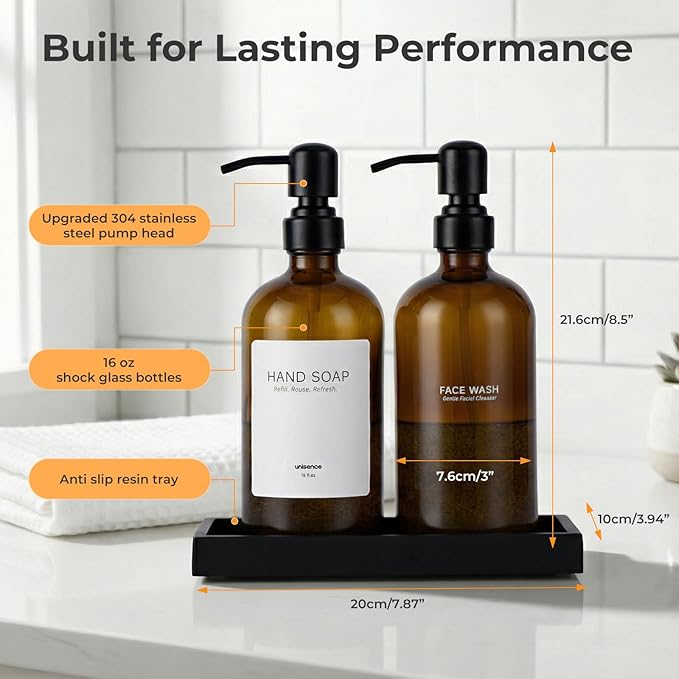 Glass Soap Dispenser Set for Kitchen, Hand and Dish Soap Dispenser with Stainless Steel Pump & Resin Tray, Rental-Modern Refillable Countertop Soap Dispenser for Kitchen Hotel,Amber