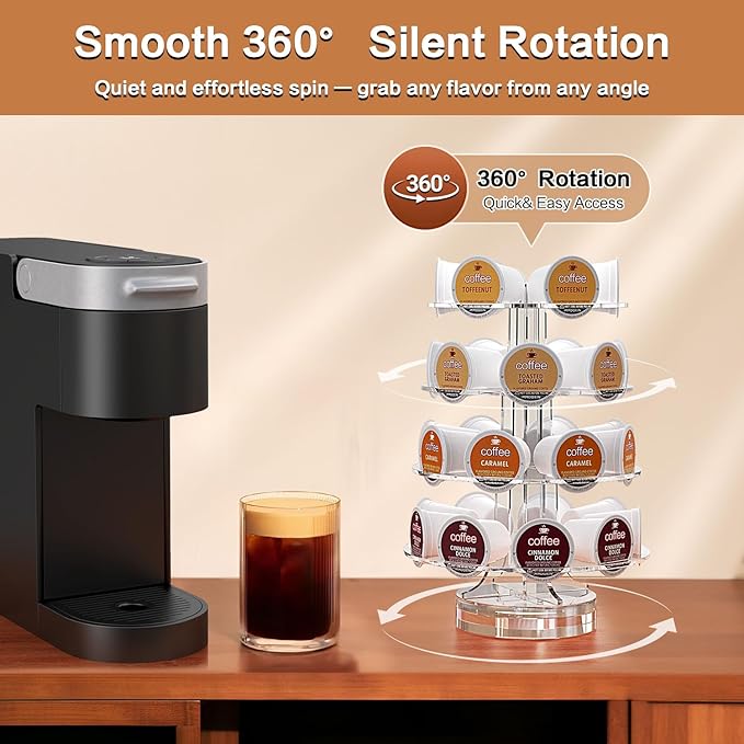 Crystal Clear Acrylic Coffee Pods Holder Carousel Compatible with 30 Keurig K-cup Pod And Nespresso Vertuo Capsuless, Space-Saving Coffee Pod Storage Organizer for Small Countertop