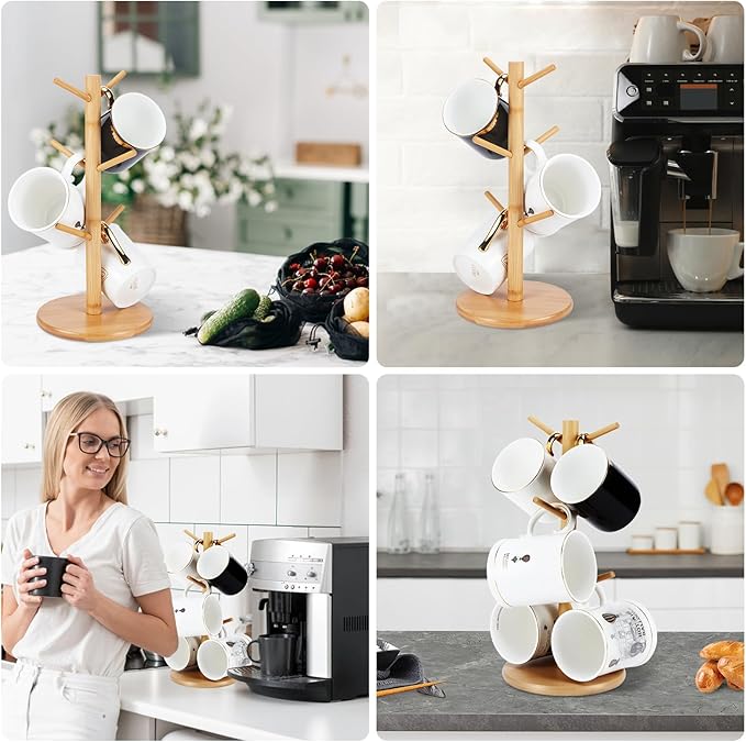 Bamboo Mug Tree Holder, Upgraded Screw Type 6 Hooks Coffee Mug Holders, Decorative Mug Racks for Counter, Non-Slip Coffee Mug Cup Trees