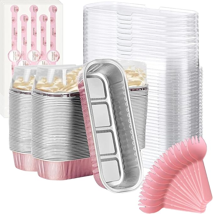 Findful Mini Loaf Baking Pans with Lids And Spoons (100 Pack, 6.8oz) Rectangle Aluminum Foil Baking Pans Tins Containers - Cupcake Containers Wrappers Cheesecake Creme Brulee Ramekins