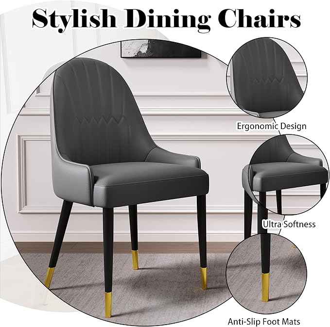 AF ARTISAN FURNITURE Grey Dining Chairs Set of 2 with High Backs Mid Century Modern Kitchen Dining Room Chairs PU Faux Leather Upholstered Large Padded Accent Chair with Legs