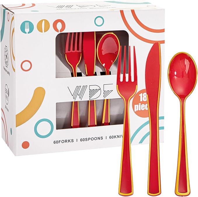 WDF 180 Pieces Red and Gold Plastic Silverware - Disposable Christmas Utensils Include 60 Forks, 60 Knives and 60 Spoons - Heavy Duty Red Plastic Cutlery - for Christmas/Party