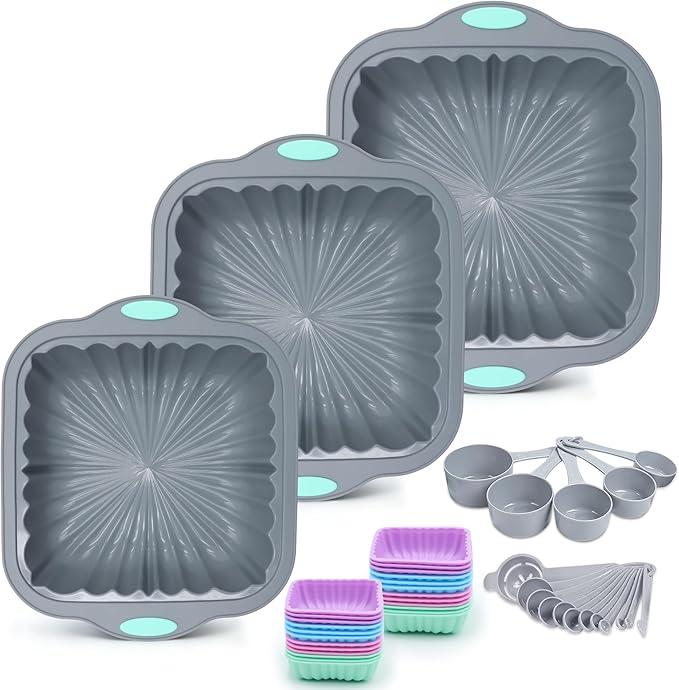 To encounter 44 Pieces Silicone Square Cake Pans Set, 3 Sizes Silicone Fluted Cake Pan with Reusable Baking Cups, Food Grade Baking Molds for Brownie, Bread, Muffin, Light Grey