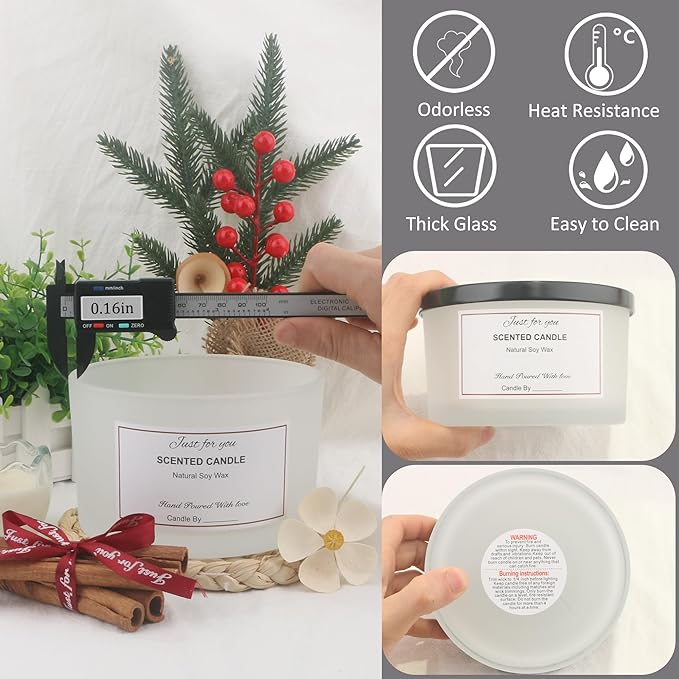 MILIVIXAY 6 Pack 24 oz Candle Jars with Metal Lids and Candle Making Kits - 3 Wick Candle Jar,Bulk Empty Frosted White Thick Glass Jars for Making Large Candles - Spice, Powder Containers