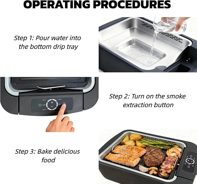 Indoor Smokeless Grill & Griddle, 1100W Electric Gill for BBQ, Smoke Extraction Device, 6-Speed Temperature Control, Non-Stick ‎Grill Plate with Oil Drain Holes, Dishwasher Safe, 5-Serving