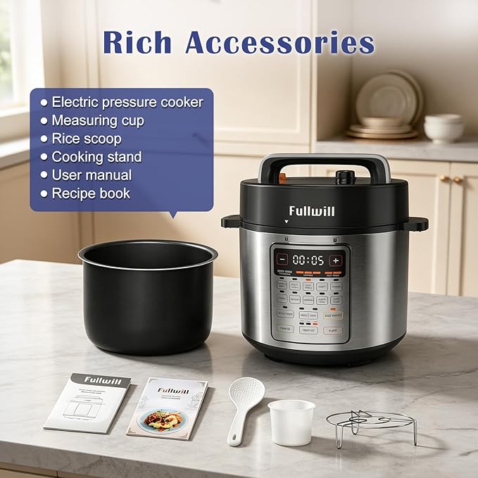 Fullwill 6QT Electric Pressure Cooker, 9-in-1 Multi-Use Programmable Pressure Cooker with Slow Cook, Rice Cook, Steamer, Sauté, Yogurt Maker, Food Warmer, Foodie Helper