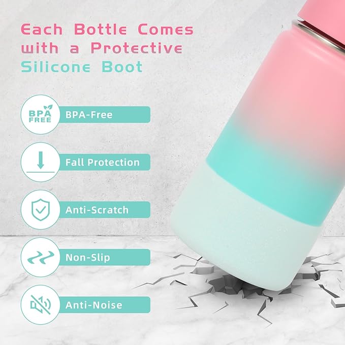 Volhoply 14oz KIds Stainless Steel Insulated Leakproof Water Bottle with Straw Lid and Silicone Boot,BPA-Free Easy Use for Boys&Girls,Double Wall Vacuum Bottles(Pink Green,1)