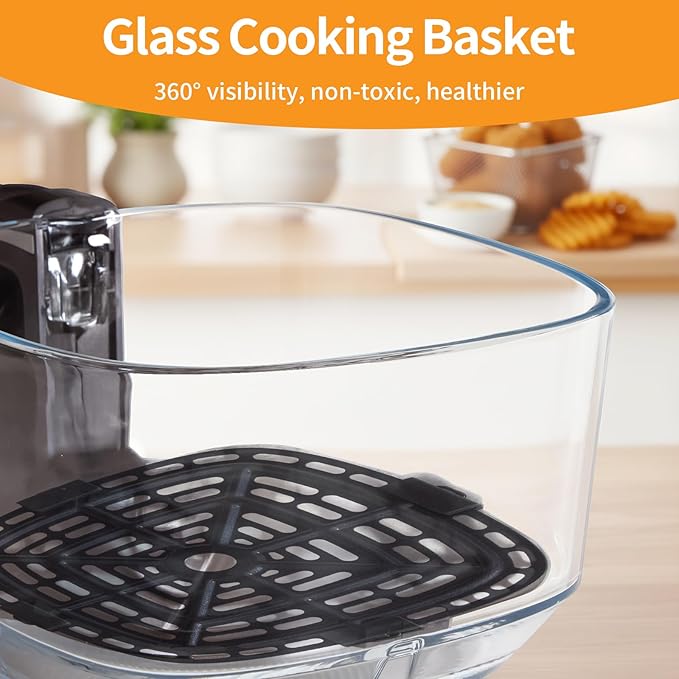 NEWBULIG 4.7Qt Glass Air Fryer, 10 in 1 Air Fryers with Timer, 105 to 395°F Wider Temperature, 360° Visibility, Dishwasher Safe, Roast Bake Dehydrate Reheat, Nonstick & Easy-Clean Basket, 1300W