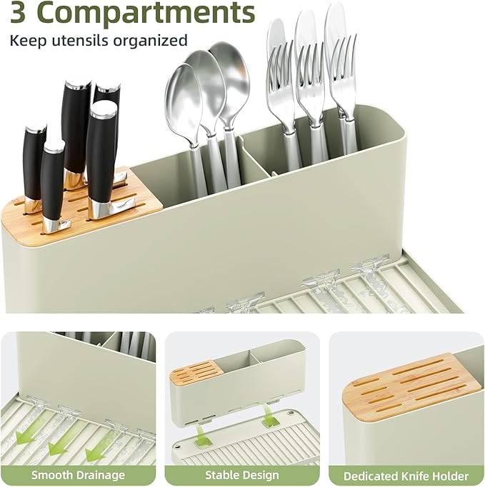 Urackify Large Dish Drying Rack, Expandable Dish Racks for Kitchen Counter, Multifunctional Dish Drainer with Utensil Holder & Cup Holder, 18.5"-26.7" L x 12.7" W, Soft Celery Green