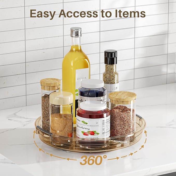 LAMU 2 Pack Lazy Susan Turntable Organizer for Cabinet, 10.6'' 9.25'' Condiment Organizer for Refrigerator, Kitchen Pantry, Medicine Cabinet Organizer, Spices Rack Organization, Bathroom, Amber