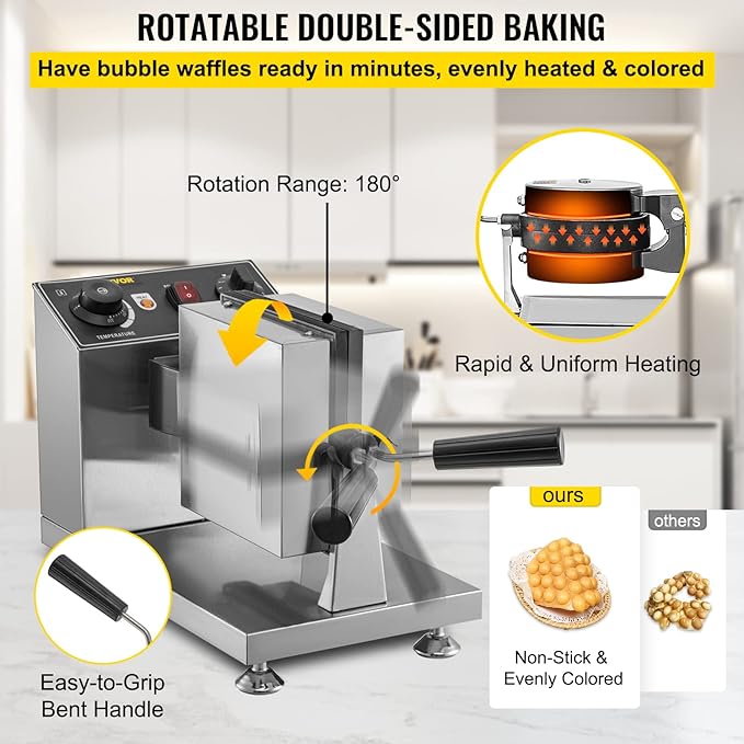 VEVOR Commercial Bubble Waffle Maker, 8" Square Mould, 1200W Egg Bubble Puff Iron w/ 360°Rotatable 2 Pans & Bent Handles, Stainless Steel Baker w/Non-Stick Teflon Coating, 50-300℃/122-572℉ Adjustable