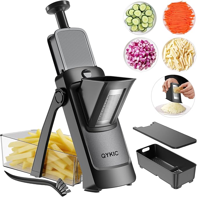 QYKIC 2026 Upgrade Safe Mandoline Slicer,Vegetable Chopper,Potato Slicer, Onion Chopper with Drain Basket Storage Container, Cheese Grater Kitchen Chopping Artifact (Black)