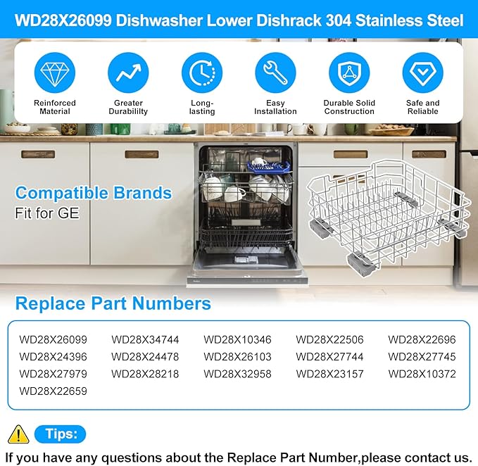 UPGRADED WD28X26099 Dishwasher Lower Rack Compatible with GE Dishwasher Rack Replacement Parts with Wheel,WD28X26099 WD28X34744 304 Stainless Steel GE Dishwasher Lower Rack Part and Silverware Basket