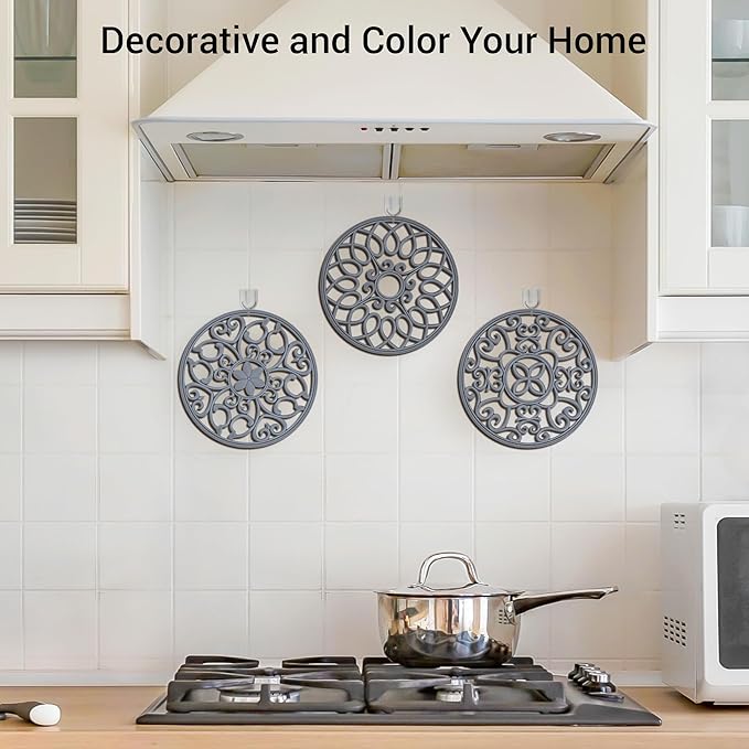 SMARTAKE 3 Set Silicone Trivet Mats, Multi-Use Carved Trivet Mat, Insulated Non-Slip Durable Kitchen Mats, Flexible Modern Kitchen Table Mat, for Hot Dishes, Pots, Dining Countertop, Grey, STM413H