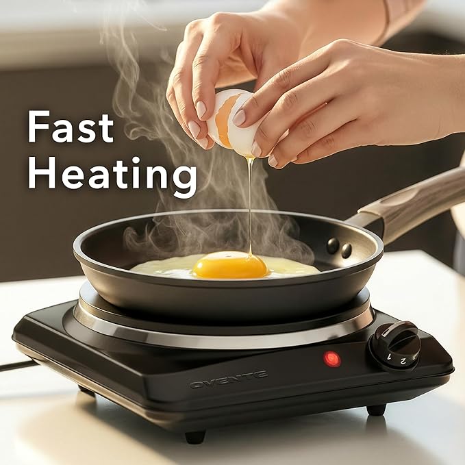 OVENTE Electric Countertop Single Burner, 1000W Cooktop with 7.25 Inch Cast Iron Hot Plate, 5 Level Temperature Control, Compact Cooking Stove and Easy to Clean Stainless Steel Base, Black BGS101B