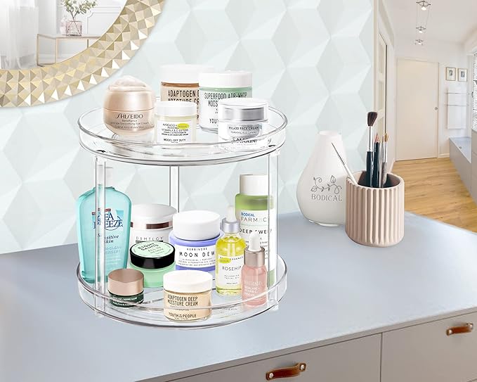 2 Pack Lazy Susan Organizer and 2 Tier Bathroom Organizer Countertop- 10.6inch/Clear
