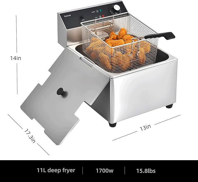 Commercial Deep Fryer with Basket, 1700w 11.6Qt 0.6mm Thickened Stainless Steel Countertop Electric Fryer for Home and Commercial Use, Oil Fryer with Double Overheat Protection