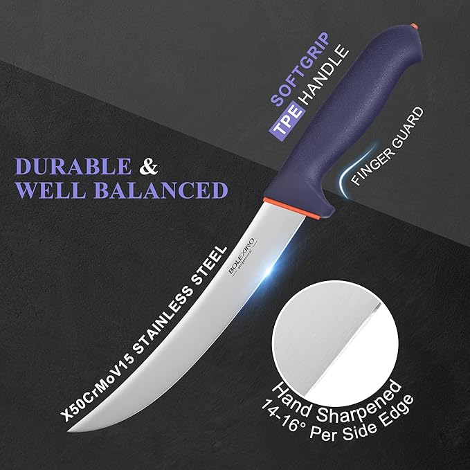 8 Inch Curved Breaking Knife for Meat Cutting - Non-Slip Softgrip Handle with Ultra Sharp Blade, Multi-Purpose Butcher Knife for Steak, Ribs, X50CrMoV15 Stainless Steel
