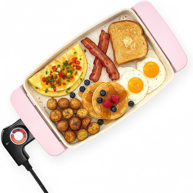 Small Electric Griddle, 10 Inch Mini Ceramic Non-Stick Electric Skillet with Adjustable Thermostat, 1200W Single Serve Grill for Breakfast, Cooking for Pancakes, Eggs, Sausage, Pink