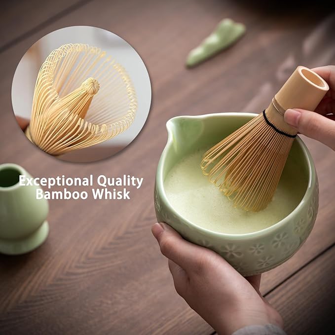 Buucup Matcha Whisk Set, Ceramic Matcha Kit Set Includes Matcha Bowl, Matcha Whisk and Holder, Bamboo Scoop, Scoop Rest, Sifter and Tea Towel - 7 Pcs Matcha Kit for Matcha Lovers (Green)