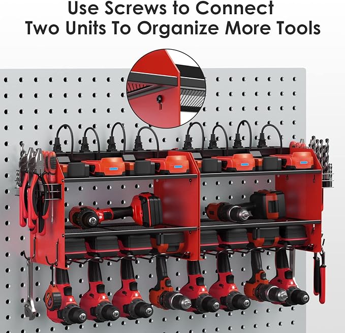 CCCEI Modular Power Tool Organizer Wall Mount with Charging Station. Garage Drill Storage Shelf with Hooks, Heavy Duty Rack, Tool Battery Holder Built in 8 Outlet. Gift for Men. Red, 1 Pack.