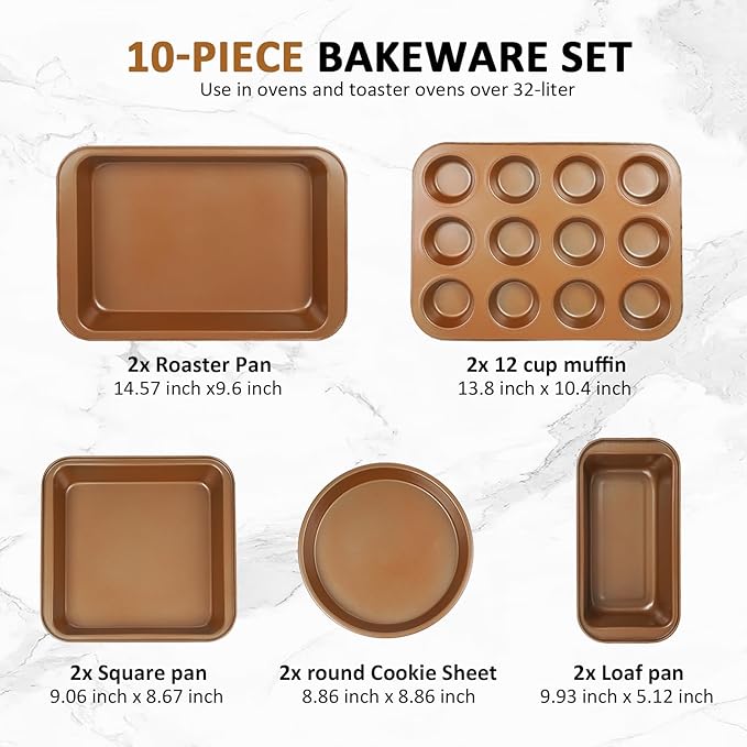 10PCS Nonstick Baking Pans Set - Bakeware Sets for Cooking, Oven and Dishwasher Safe, Non Toxic, Includes Cookie Sheets for Baking, Muffin Pan, Bread Pan, Cake pan, Loaf Pan, Roasting Pan Gold