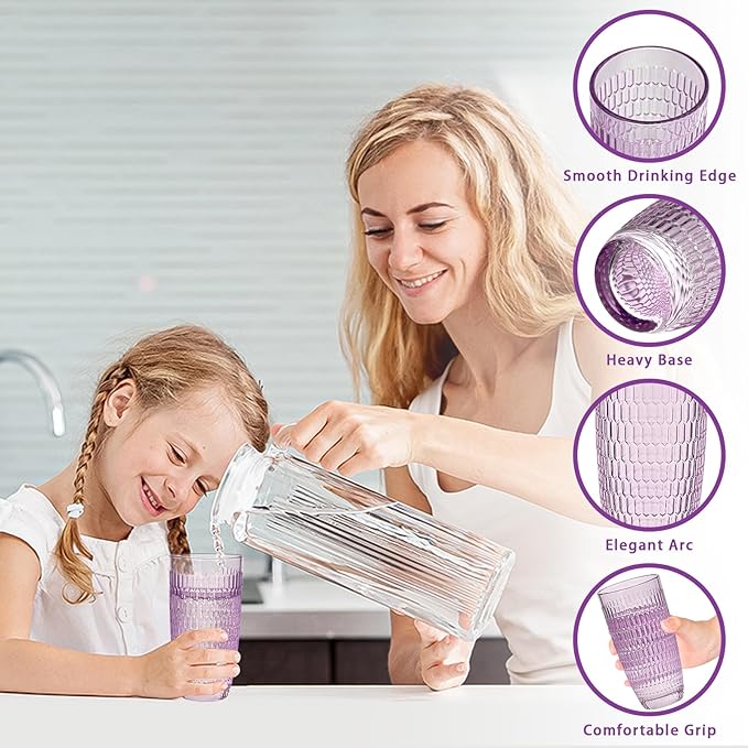 CREATIVELAND Highball Beverage Glasses Set of 6 Romantic Colored Thick & Heavy Base Big Capacity 14.87oz|440ml, Drinking Glass Tumblers for Iced Tea, Water, Soda & Juice and Cocktails (Purple)