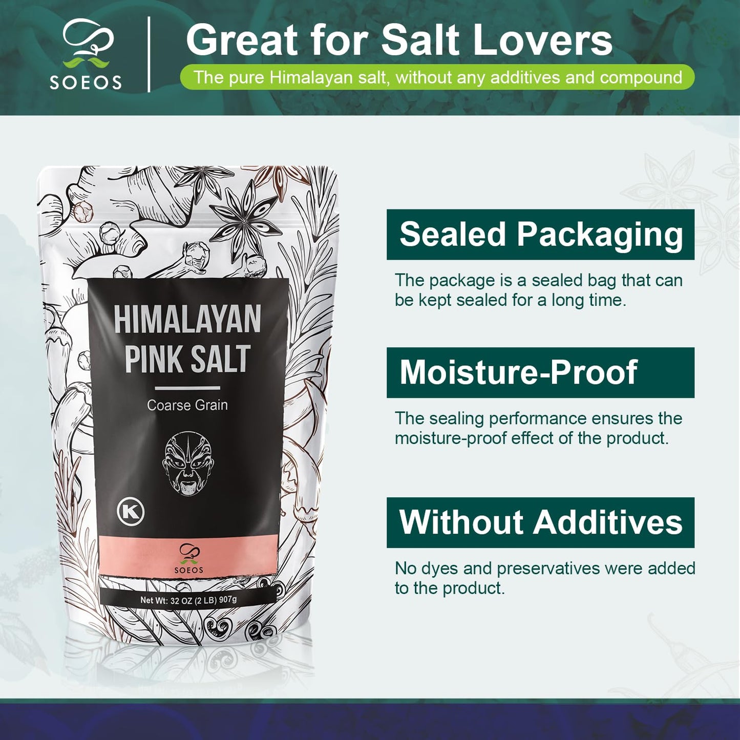 Soeos Himalayan Pink Salt, Coarse Grain, 2 Pound (32 Oz), Pink Himalayan Sea Salt, Himalayan Salt Coarse Salt, Pink Salt for Grinder Refill, Kosher & Natural Certified, Healthy