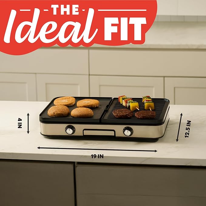 Gourmia 3-in-1 Indoor Grill & Griddle Electric Combo – Dual Independent Cooking Zones, Reversible Nonstick Ceramic Plates, XL Cooking Surface, 250–400°F Adjustable Temp, Dishwasher Safe