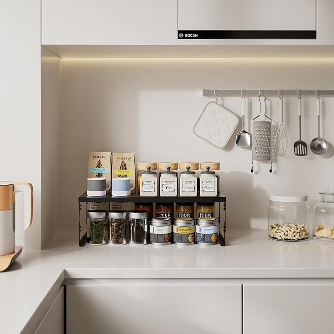 Stackable Expandable Metal Shelf Organizer - Adjustable Wire Storage Rack with Holes for Kitchen, Bathroom, Cabinet, Office - Space Saving, Durable & Sturdy Design（1PACK/Medium/Black