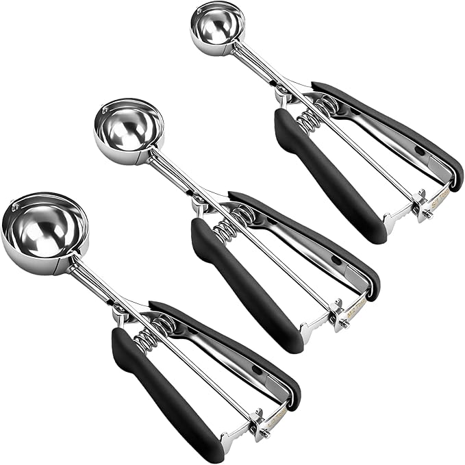 Cookie Scoop Set of 3,Black Cookie Scoops for Baking with Engraved Sizes,18/8 Stainless Steel Ice Cream Scoop with Non-Slip Soft Rubber Handles,Dough Scoopers for Cupcakes,Meatballs,Muffins