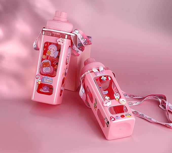 Kawaii Bear Pastel Water Bottle With 3D Sticker 700ml Plastic Travel Tea Juice Milk Portable Cute Shaker Drink Bottle Gift (Pink)