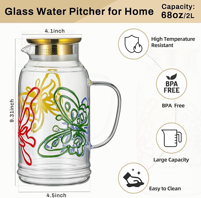 Buaic Glass Pitcher with Lid and Handle,2 PACK 68 oz/2 Liter Vintage Hand Painted Butterfly Design Fridge Water Pitcher, Borosilicate Glass Water Carafe for Hot/Cold Water Iced Sun Tea,Heat Resistant