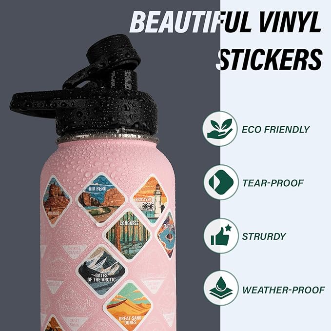 DYSANKY National Parks Water Bottle – 40 oz Insulated Stainless Steel Bottle with 63 Hand-Drawn Park Stickers, Carrier Bag, Strap & Gift Box – BPA-Free – Ideal for Hiking, Camping & Travel