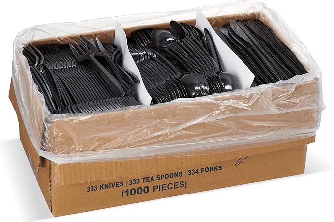 1,000 Plastic Disposable Cutlery Bulk Variety Pack Black Medium Weight Includes 334 forks, 333 knives, 333 soup spoons, Disposable Silverware Plastic Cutlery