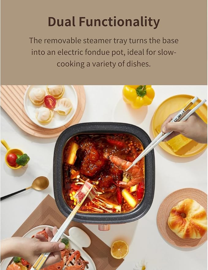 Two Tier Food Steamer, 1200W Electric Hot Pot with Steaming Plate, Mini Hot Pot for Fast Simultaneous Cooking, 10.5L Stackable Multipurpose Cooker for Soup Noodles Oatmeal (PP+pc