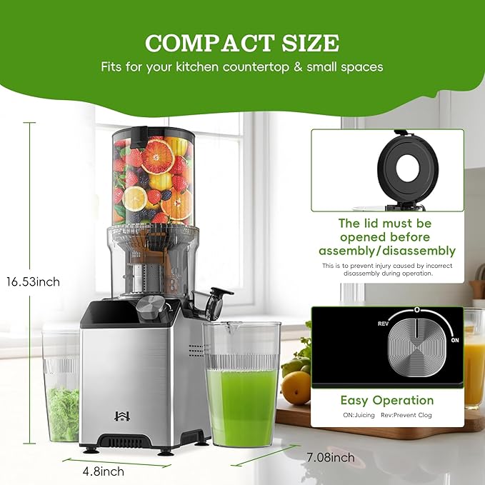 Cold Press Juicer, Wide Feed Chute Juicer Machines, Stainless Steel Slow Masticating Juicers Easy to Clean, Vegetables & Fruits Juice Extractor, High Juice Yield, Gray Color Knob