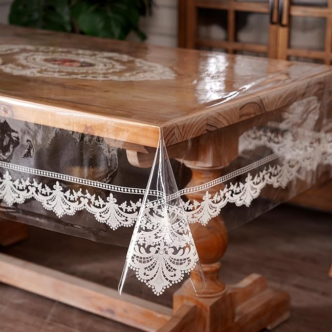 Clear Table Cover Protector Rectangle Vinyl Table Cloth Waterproof Oil Spill Proof Wipe Clean Lace Plastic Tablecloths for Dining Tables (French Lace, 60 x 104 Inches)