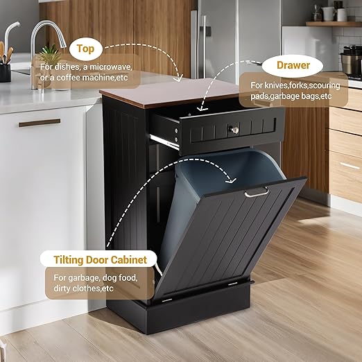 KIGOTY Tilt Out Trash Can Cabinet Trash Bin Cabinet with Hideaway Drawer Hidden Wooden Kitchen Garbage Can, Pet Proof Trash Can Holder for Kitchen (Black)