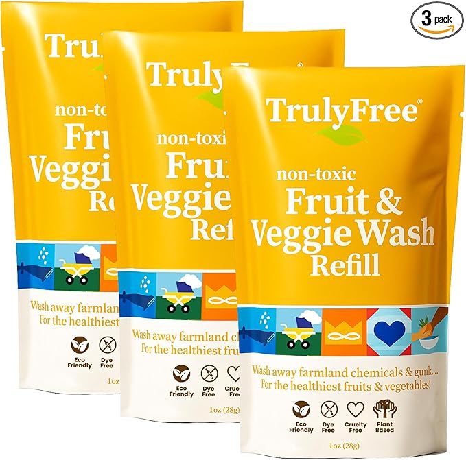 Truly Free Fruit and Vegetable Wash Refills | Veggie Wash Removes 99% Dirt & Wax | Plant-Based Produce Cleaner Spray | No Aftertaste, Made in USA | Fragrance-Free, 16oz (Pack of 3)