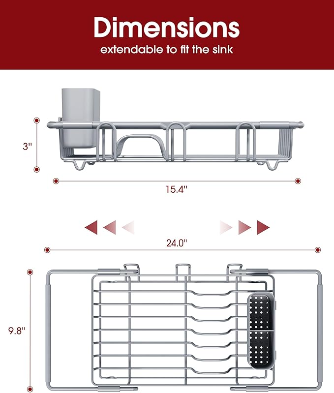 Sakugi Dish Drying Rack in Sink - Expandable Stainless Steel Dish Rack Over the Sink, Kitchen Sink Drain Strainer with Cutlery Holder & Cup Holders, 15.4 x 9.8 x 3.0 Inch, Silver