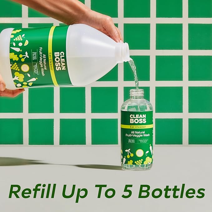 CleanBoss Eat Cleaner Triple-Action Fruit & Veggie Wash (12 oz, Pack of 3) + 64 oz Refill Jug - Removes Harmful Residue - Keeps Produce Fresh Up to 5X Longer - Vegan, Gluten Free