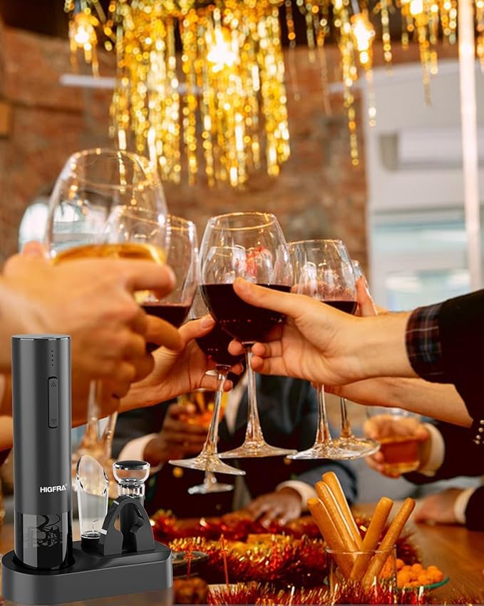 Electric Wine Opener Gift Set – Rechargeable Automatic Corkscrew with Aerator, Vacuum Seal Stoppers, Foil Cutter & Storage Base – 6-in-1 Wine Bottle Opener Kit for Wine Lovers, Women & Men