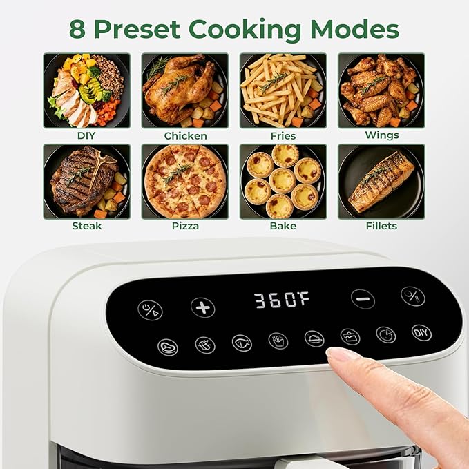 5 Quart Glass Air Fryer, Non Toxic & Uncoated High Borosilicate Glass Basket, Airfryer with Transparent Fry Bowl, 8 Preset Modes, PTFE/PFAS Free, BPA-Free, Dishwasher Safe, White