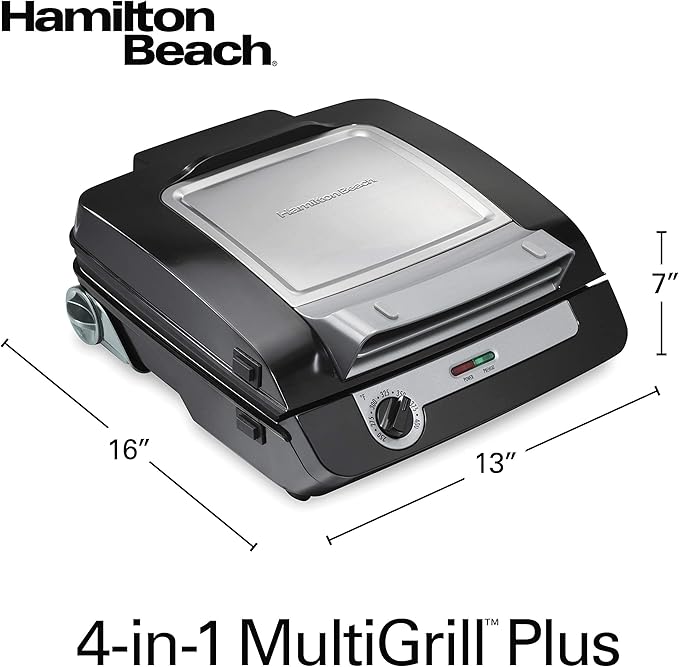 Hamilton Beach 4-in-1 Indoor Grill & Electric Griddle Combo with Bacon Cooker, Opens Flat to Double Cooking Surface, Removable Nonstick Plates, Black & Silver (25601)