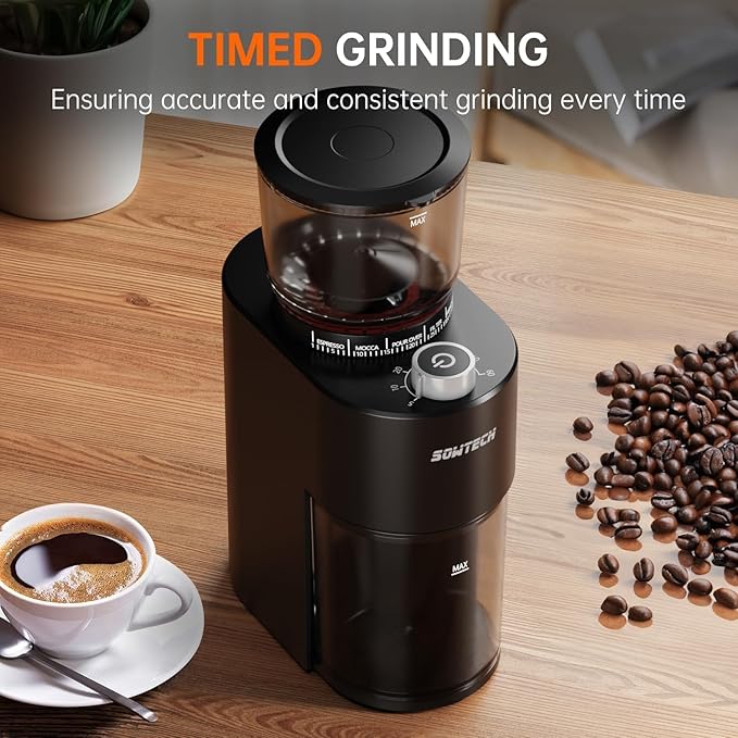 SOWTECH Conical Burr Coffee Grinder, Adjustable Electric Mill, 38 Precise Grind Settings, Precision Timer, for Espresso, Drip and French Press, Home &Office, Beige