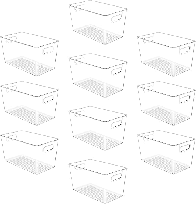 YIHONG 10 Pack Clear Pantry Organizer Bins, Plastic Containers with Handle for Kitchen,Freezer,Cabinet,Closet,Bathroom Under Sink Storage
