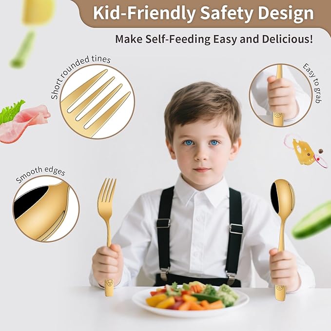 DEHOV Gold Toddler Eating Utensils Set,Set Of 12 Food Grade Stainless Steel Silverware Sets For Kids,Dishwasher Safe Children Small Metal Spoons And Forks Flatware Sets