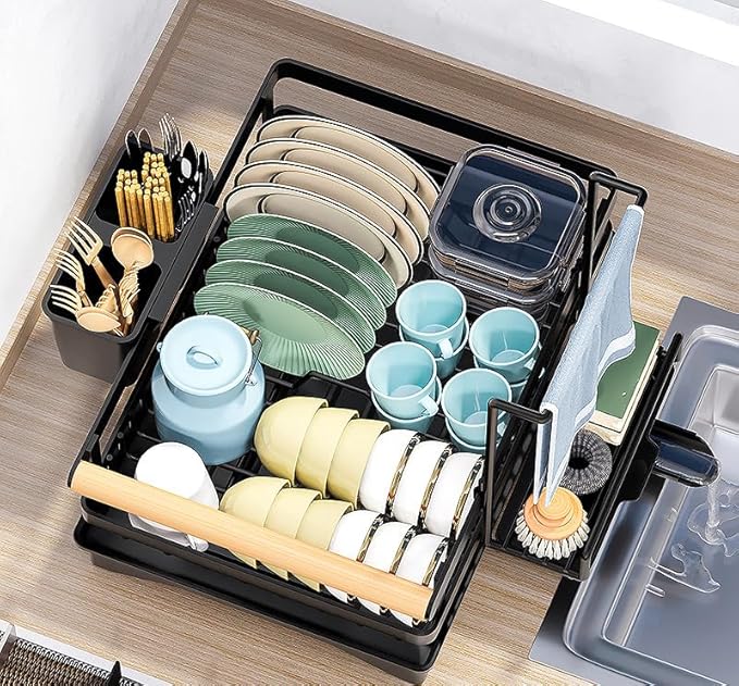 LMingKun Dish Drying Rack- Space-Saving Dish Rack, Dish Racks for Kitchen Counter, Stainless Steel Kitchen Drying Rack with a Cutlery Holder,12''W x 16''L, Black